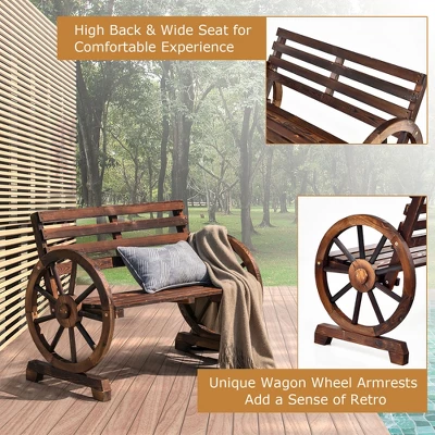 Costway Outdoor Wooden Wagon Wheel Garden Bench 2-Person Slatted Seat Armrests Rustic 8 Costway Outdoor Wooden Wagon Wheel Garden Bench 2-Person Slatted Seat Armrests Rustic - Image 6