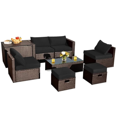 Costway 8PCS Patio Rattan Furniture Set Space-Saving Storage Cushion BlackTurquoiseNavy Cover 3 Costway 8PCS Patio Rattan Furniture Set Space-Saving Storage Cushion BlackTurquoiseNavy Cover