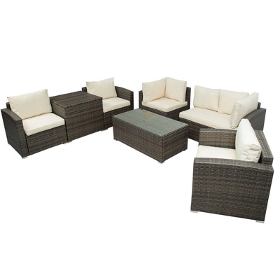 7pc Wicker Patio Seating Set With Cushions & Storage Box - Gray/Beige - GODEER 7 7pc Wicker Patio Seating Set With Cushions & Storage Box - Gray/Beige - GODEER - Image 5