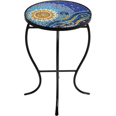 Teal Island Designs Modern Black Round Outdoor Accent Side Table 14" Wide Blue Ocean Mosaic Tabletop Front Porch Patio Home House 7 Teal Island Designs Modern Black Round Outdoor Accent Side Table 14" Wide Blue Ocean Mosaic Tabletop Front Porch Patio Home House - Image 5