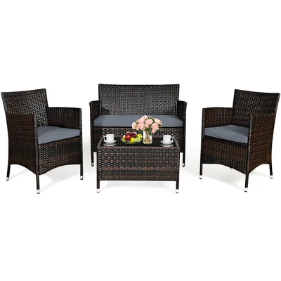 Costway 4PCS Rattan Patio Furniture Set Cushioned Sofa Chair Coffee Table 3 Costway 4PCS Rattan Patio Furniture Set Cushioned Sofa Chair Coffee Table