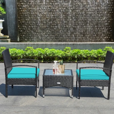 Tangkula 3 PCS Patio Wicker Rattan Furniture Set Coffee Table & 2 Rattan Chair W/ Cushion Turquoise 3 Tangkula 3 PCS Patio Wicker Rattan Furniture Set Coffee Table & 2 Rattan Chair W/ Cushion Turquoise