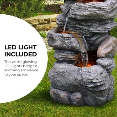 Teamson Home 39.37" Outdoor Faux Stone 4-Tier Water Fountain With LED, Gray 5 Teamson Home 39.37" Outdoor Faux Stone 4-Tier Water Fountain With LED, Gray - Image 3