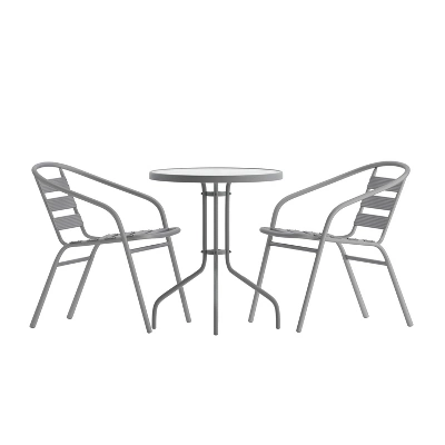 Flash Furniture Lila 23.75'' Round Glass Metal Table With 2 Metal Aluminum Slat Stack Chairs 15 Flash Furniture Lila 23.75'' Round Glass Metal Table With 2 Metal Aluminum Slat Stack Chairs - Image 13