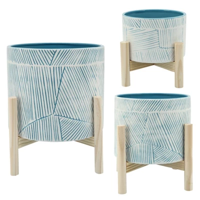 Sagebrook Home Round Indoor Outdoor Ceramic Planter Pot With Wood Stand 3 Sagebrook Home Round Indoor Outdoor Ceramic Planter Pot With Wood Stand