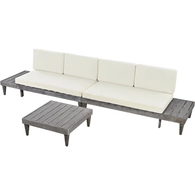Outdoor 3-Piece Garden Solid Wood Furniture Sofa With Coffee Table, Side Table And Cushions, Gray+Beige - ModernLuxe 7 Outdoor 3-Piece Garden Solid Wood Furniture Sofa With Coffee Table, Side Table And Cushions, Gray+Beige - ModernLuxe - Image 5