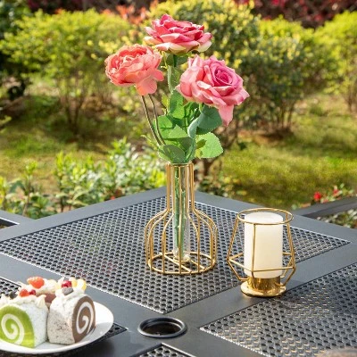 Captiva Designs 5pc Steel Outdoor Patio Dining Set With Patterned Arm Chairs & Square Table With Umbrella Hole Black 5 Captiva Designs 5pc Steel Outdoor Patio Dining Set With Patterned Arm Chairs & Square Table With Umbrella Hole Black - Image 3