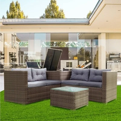 4pc Wicker Patio Seating Set With Cushions - Gray - GODEER 3 4pc Wicker Patio Seating Set With Cushions - Gray - GODEER