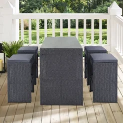 5pc Outdoor Rattan Bar Set With Stools & Cushions- Gray - WELLFOR -Sunnydaze Decor Store GUEST 47370578 591c 4d70 932c 44a2a6b0b068