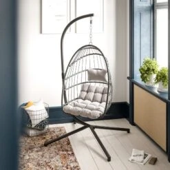 Merrick Lane Foldable Woven Hanging Egg Chair In Gray With Removable Gray Cushions And Stand For Indoor And Outdoor Use