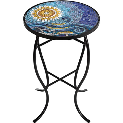 Teal Island Designs Modern Black Round Outdoor Accent Side Table 14" Wide Blue Ocean Mosaic Tabletop Front Porch Patio Home House 6 Teal Island Designs Modern Black Round Outdoor Accent Side Table 14" Wide Blue Ocean Mosaic Tabletop Front Porch Patio Home House - Image 4