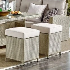 2pk All-Weather Wicker Canaan Outdoor Square Stools With Cushions Brown - Alaterre Furniture