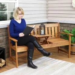 Sunnydaze Decor Sunnydaze Outdoor Meranti Wood With Teak Oil Finish 2-Person Bench Seat With Pop-Up Table - 60" - Brown -Sunnydaze Decor Store GUEST 4e6a00cb 2dfb 44d8 906c ff11169a0a6d