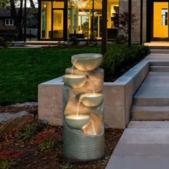 LuxenHome Modern Gray Cement Tiered Bowls Outdoor Fountain With Lights -Sunnydaze Decor Store GUEST 4f64e7e9 bc44 4a56 bfd5 b18773891522