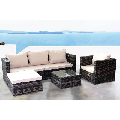 4pc Wicker Patio Sectional Seating Set With Sofa, Arm Chair, Ottoman & Accent Table - Brown/Beige - GODEER 5 4pc Wicker Patio Sectional Seating Set With Sofa, Arm Chair, Ottoman & Accent Table - Brown/Beige - GODEER - Image 3