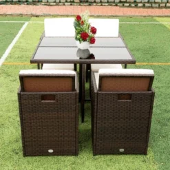 9pc Wicker Outdoor Dining Set With Cushion - Dark Brown/Beige - GODEER -Sunnydaze Decor Store GUEST 50edd201 0822 47fa ac24 592bf3c3d5e3