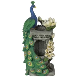 LuxenHome Resin Blue And Green Peacock Outdoor Fountain Garden Fountain With LED Light
