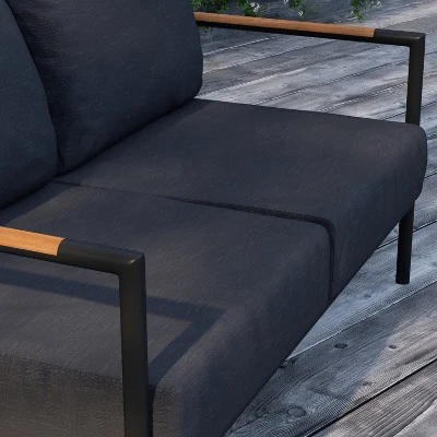 Merrick Lane Outdoor Loveseat With Removable Plush Fabric Cushions And Teak Accented Aluminum Frame 8 Merrick Lane Outdoor Loveseat With Removable Plush Fabric Cushions And Teak Accented Aluminum Frame - Image 6