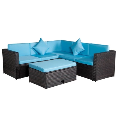 4pc Wicker Patio Sectional Seating Set With Cushions - Brown/Blue - GODEER 9 4pc Wicker Patio Sectional Seating Set With Cushions - Brown/Blue - GODEER - Image 7