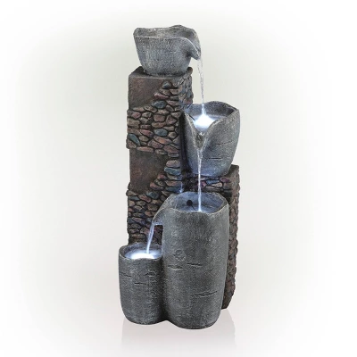 42" Resin Outdoor 4-Tier Stone Bowl Fountain With LED Lights Gray - Alpine Corporation 5 42" Resin Outdoor 4-Tier Stone Bowl Fountain With LED Lights Gray - Alpine Corporation - Image 3