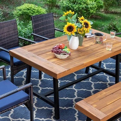 6pc Patio Dining Set With Acacia Wood Table & Bench And 4 PE Rattan Chairs - Captiva Designs 3 6pc Patio Dining Set With Acacia Wood Table & Bench And 4 PE Rattan Chairs - Captiva Designs
