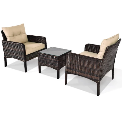 Costway 3PCS Patio Rattan Conversation Set Cushioned Sofa Chair For Garden 4 Costway 3PCS Patio Rattan Conversation Set Cushioned Sofa Chair For Garden - Image 2