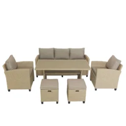 6pc Outdoor Wicker Conversation Set With Arm Chairs, Sofa, Ottomans & Coffee Table - Brown - GODEER -Sunnydaze Decor Store GUEST 57cd4487 55a0 4536 877c 2075c0cfb355