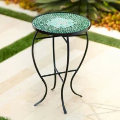 Teal Island Designs Modern Black Round Outdoor Accent Side Table 14" Wide Green Mosaic Front Porch Patio House Balcony Deck Shed