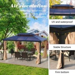 Aoodor 10'x 13 In Gazebo Polycarbonate Hardtop Roof, Aluminum Frame With Mosquito And Curtain, Blue -Sunnydaze Decor Store GUEST 58eff576 9b19 4e54 8146 8a32c43da523