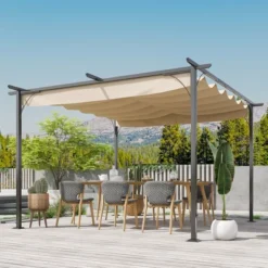 Outsunny 11.5' X 11.5' Retractable Patio Gazebo Pergola With UV Resistant Outdoor Canopy & Strong Steel Frame