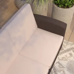 Merrick Lane Outdoor Furniture Resin Sofa Chocolate Brown Faux Rattan Wicker Pattern Patio 3-Seat Sofa With All-Weather Beige Cushions 18 Merrick Lane Outdoor Furniture Resin Sofa Chocolate Brown Faux Rattan Wicker Pattern Patio 3-Seat Sofa With All-Weather Beige Cushions -Sunnydaze Decor Store GUEST 5b573cb1 804a 4d88 86d1 e6829f56b906