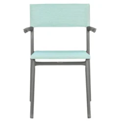 Lafuma Batyline Duo ORON Weather Resistant Aluminum Stackable Outdoor Dining Armchair With 287 Pound Capacity, Titanium/Mistral Blue (Set Of 2)