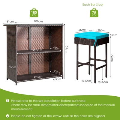 Tangkula 3PCS Patio Wicker Rattan Bar Set Table W/2 Turquoise Cushioned Stools 5 Tangkula 3PCS Patio Wicker Rattan Bar Set Table W/2 Turquoise Cushioned Stools - Image 3