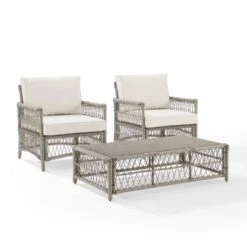 3pc Thatcher Outdoor Steel Chair & Ottoman Set Creme/Driftwood - Crosley -Sunnydaze Decor Store GUEST 6003705f a1ea 48cf b11f 3790dd53f777