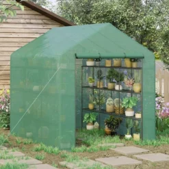 Outsunny Walk-in Greenhouse For Outdoors With Roll-up Zipper Door, 18 Shelves, PE Cover, Heavy Duty Humidity Seal, 95.25" X 70.75" X 82.75"