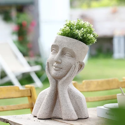 LuxenHome Speckled Beige MgO Happy Bust Head Planter 3 LuxenHome Speckled Beige MgO Happy Bust Head Planter