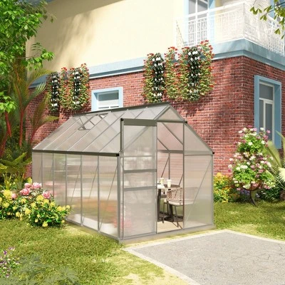 Outsunny Aluminum Greenhouse, Polycarbonate Walk-in Garden Greenhouse Kit With Adjustable Roof Vent, Rain Gutter And Sliding Door For Winter, Silver 4 Outsunny Aluminum Greenhouse, Polycarbonate Walk-in Garden Greenhouse Kit With Adjustable Roof Vent, Rain Gutter And Sliding Door For Winter, Silver - Image 2