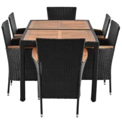 7pc Outdoor Wicker Dining Set With Acacia Wood Tabletop & Cushions - Beige - GODEER -Sunnydaze Decor Store GUEST 64bfef35 1e17 4729 87ab 8b9ecd310e2b