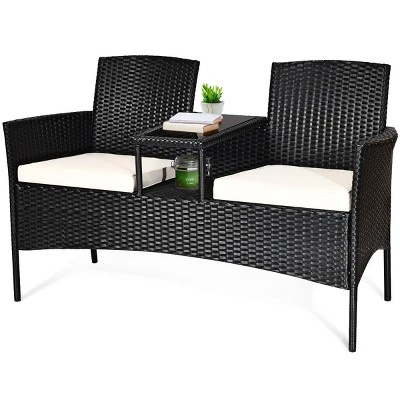 Costway Patio Rattan Conversation Set Seat Sofa Cushioned Loveseat Glass Table Chairs 4 Costway Patio Rattan Conversation Set Seat Sofa Cushioned Loveseat Glass Table Chairs - Image 2