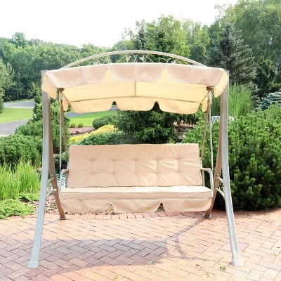 Sunnydaze Decor Sunnydaze Outdoor 3-Person Steel Patio Swing With Adjustable Canopy And Tufted Cushions, Beige 3 Sunnydaze Decor Sunnydaze Outdoor 3-Person Steel Patio Swing With Adjustable Canopy And Tufted Cushions, Beige