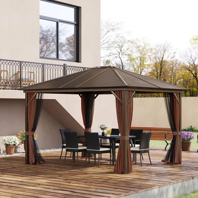 Outsunny 10' X12' Hardtop Gazebo With Aluminum Frame, Permanent Metal Roof Gazebo Canopy With 2 Hooks, Curtains And Netting For Garden 4 Outsunny 10' X12' Hardtop Gazebo With Aluminum Frame, Permanent Metal Roof Gazebo Canopy With 2 Hooks, Curtains And Netting For Garden - Image 2
