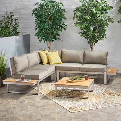 Sterling 4pc Outdoor Aluminum V Shaped 5 Seater Sofa With Cushions - Khaki/Natural - Christopher Knight Home 3 Sterling 4pc Outdoor Aluminum V Shaped 5 Seater Sofa With Cushions - Khaki/Natural - Christopher Knight Home