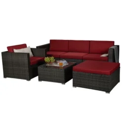6pc Outdoor Rattan Wicker Conversation Set With Chairs, Coffee Table & Cushions - Gray/Red - GODEER -Sunnydaze Decor Store GUEST 6b9ce5b1 60cb 46ce 9266 c88ef723f8d3