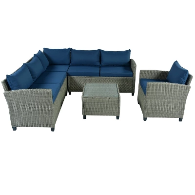 5pc Outdoor Wicker Conversation Set With Cushions - Blue - GODEER 5 5pc Outdoor Wicker Conversation Set With Cushions - Blue - GODEER - Image 3