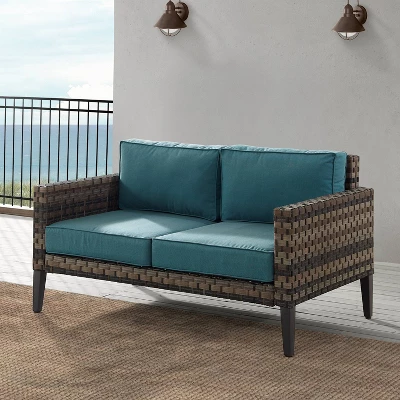 Prescott Outdoor Wicker Loveseat - Blue/Brown- Crosley 3 Prescott Outdoor Wicker Loveseat - Blue/Brown- Crosley