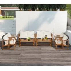 Costway 8PCS Patio Mix Brown Wicker Sofa Set Acacia Wood Frame With Seat & Back Cushions