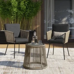 Barton 3PCS Outdoor Patio Conversation Set Chat Bistro Set (2) Chairs Armrest And Glass Table, Grey