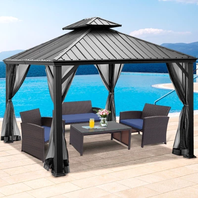 Tangkula 12ft X 10ft Patio Hardtop Gazebo Double Vented Roof Outdoor Galvanized Steel Sun Shelter Brown/Gray 4 Tangkula 12ft X 10ft Patio Hardtop Gazebo Double Vented Roof Outdoor Galvanized Steel Sun Shelter Brown/Gray - Image 2
