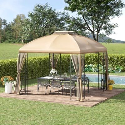 Outsunny 10' X 10' Patio Gazebo Canopy Outdoor Canopy Shelter With Double Tier Roof, Removable Mesh Netting, Display Shelves 4 Outsunny 10' X 10' Patio Gazebo Canopy Outdoor Canopy Shelter With Double Tier Roof, Removable Mesh Netting, Display Shelves - Image 2
