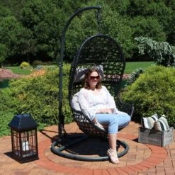 Sunnydaze Decor Sunnydaze Outdoor Resin Wicker Patio Cordelia Hanging Basket Egg Chair Swing With Cushion, Headrest, And Steel Stand Set- 3pc -Sunnydaze Decor Store GUEST 70f0b8f9 db0c 4dad bdec 9866bbbf4e11